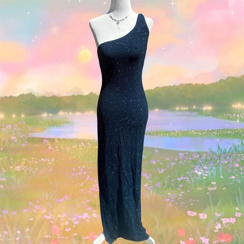 Y2k 2000s sparkly blue one one shoulder formal dress